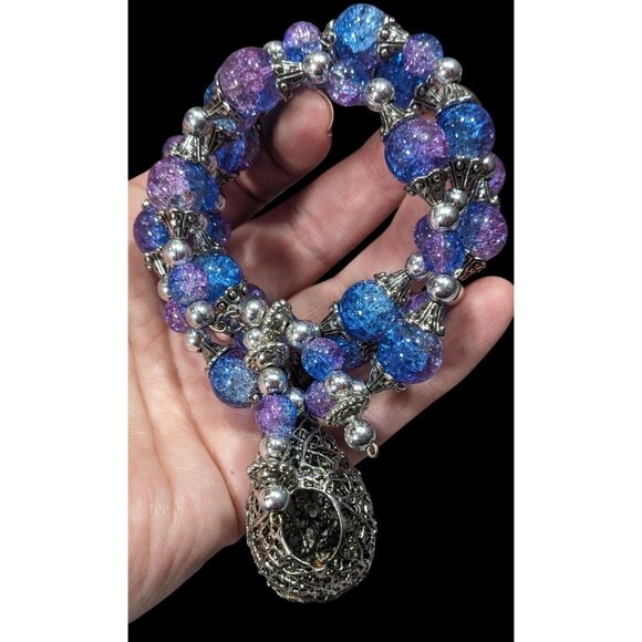 Handmade Fairycore Bird's Nest Blue And Purple Beaded Coil Bracelet - Picture 2 of 8